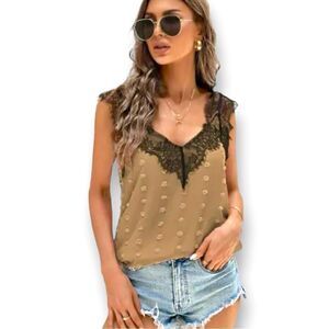 Boutique tank Swiss dot tank top with black lace accents, size M